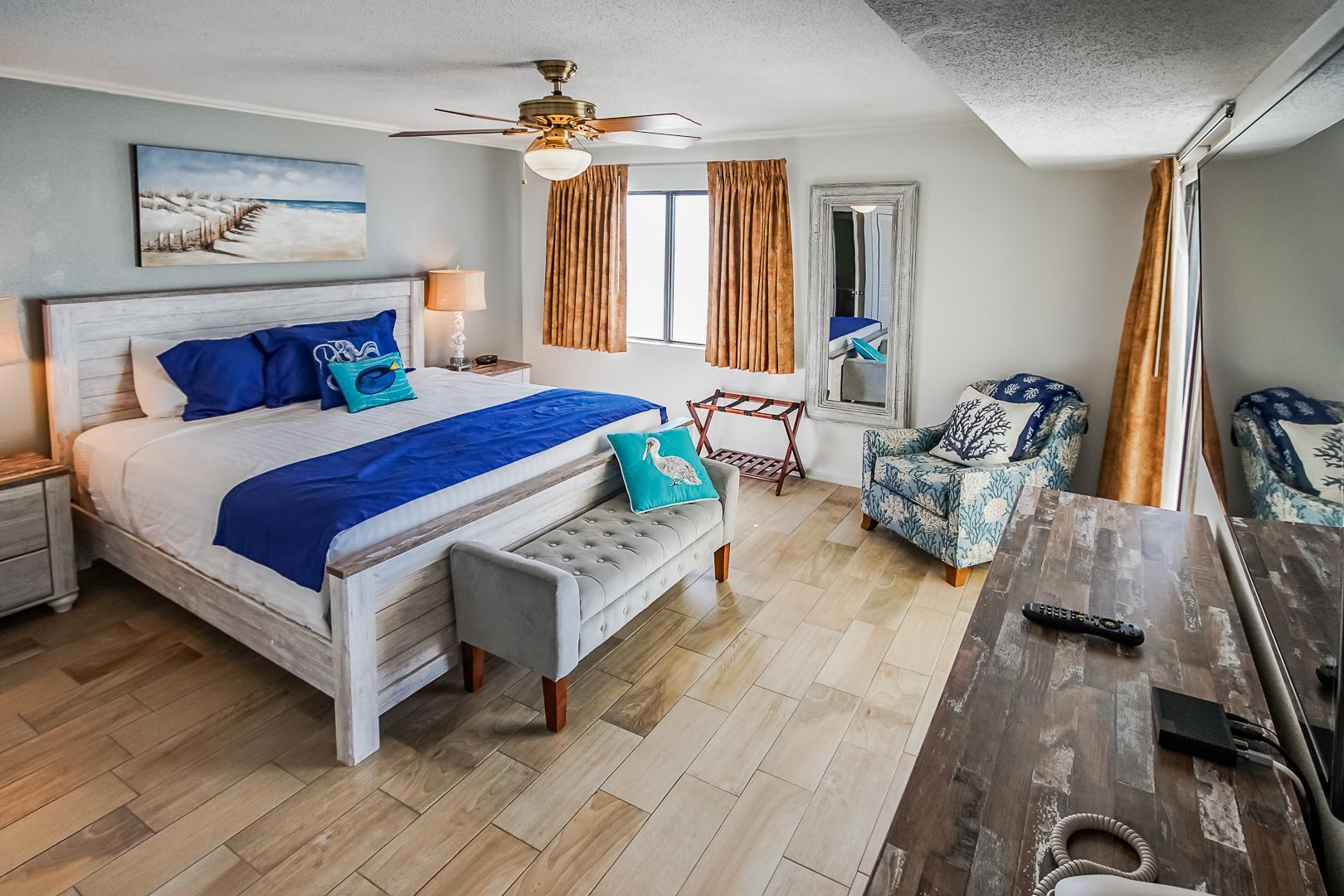 A renovated master bedroom at VRI's Shoreline Towers in Gulf Shores, Alabama.